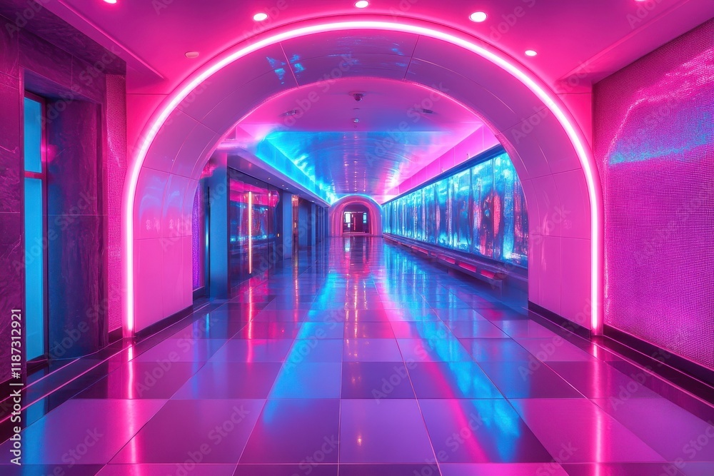 Futuristic neon corridor with vibrant pink and blue lighting reflecting on floor Futuristic neon corridor with vibrant pink and blue lighting reflecting on floor