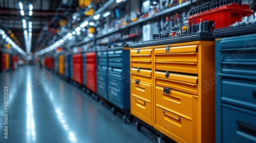 Colorful Tool Storage Units Arranged Neatly in a Workshop Area. Generative AI
