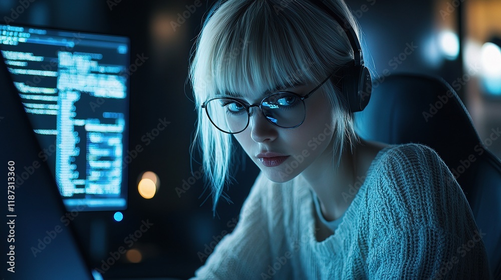Focused Woman Coding in a Dimly Lit Room with Technology Focused Woman Coding in a Dimly Lit Room with Technology