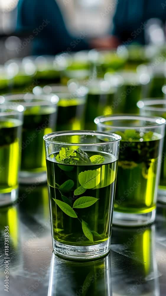 Refreshing green drinks filled with fresh herbs arranged on a table in a bright setting Refreshing green drinks filled with fresh herbs arranged on a table in a bright setting