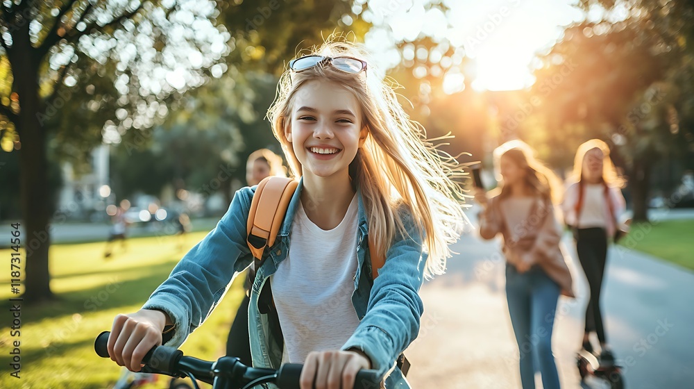 Obraz premium A girl is riding a bike with her friends
