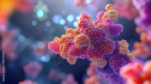 Microscopic view of colorful protein molecules or cellular structures with vibrant pink and orange hues against blurred dark background, scientific research visualization