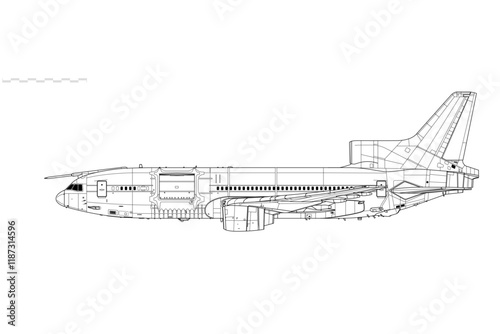 Lockheed TriStar KC1. L-1011-500. Vector drawing of aerial refueling tanker and transport aircraft. Side view. Image for illustration and infographics.