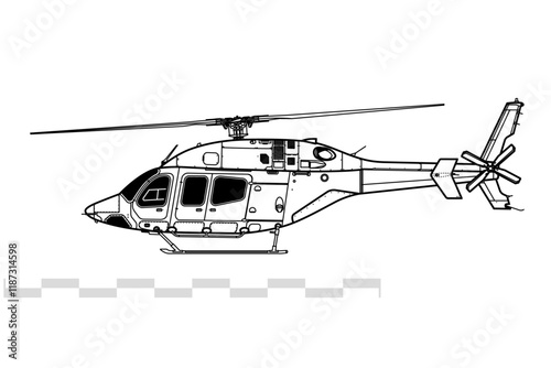 Bell 429 GlobalRanger. Vector drawing of light utility helicopter. Side view. Image for illustration and infographics.