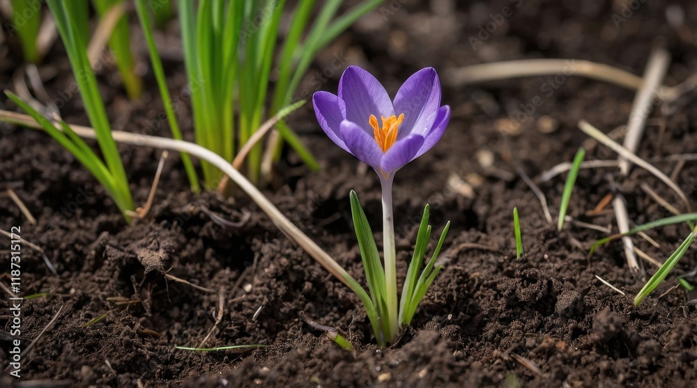 Purple crocus, early flower, spring flower, crocus on the ground, single purple flower Purple crocus, early flower, spring flower, crocus on the ground, single purple flower