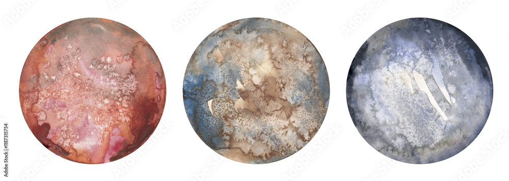 Intricate circular galaxy space planet watercolor patterns in red, brown, and blue blend harmoniously, adding texture and uniqueness to creative, modern, and decorative designs. Intricate circular galaxy space planet watercolor patterns in red, brown, and blue blend harmoniously, adding texture and uniqueness to creative, modern, and decorative designs.