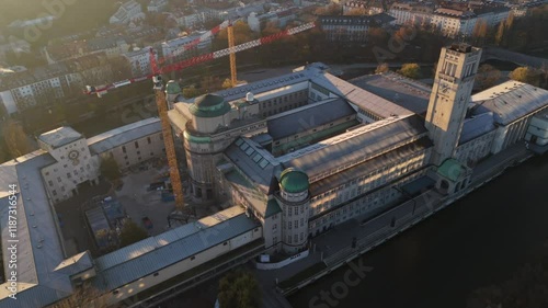 Aerial view German Museum of Masterpieces of Science and Technology in Munich, Germany in fall. Luftaufnahme Deutsches Museum von Meisterwerken der Naturwissenschaft und Technik. Museumsinsel.  photo