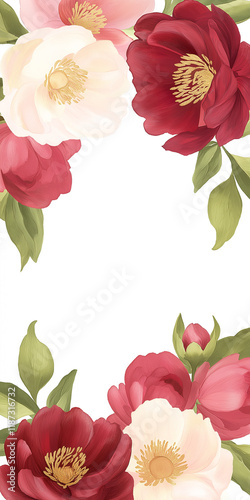 Vertical peony design deep red pink hues gold accents artistic elegance photo