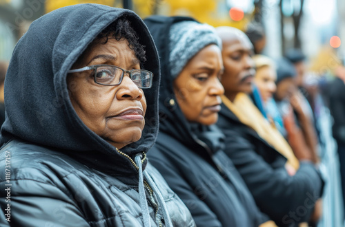 A group of diverse individuals stands closely together on a city street, mostly dressed in dark outerwear, likely waiting for a community event. photo