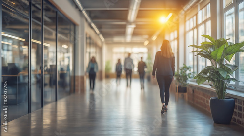 A bright, sunny office hallway, people walking away. The hall features large windows and potted plants