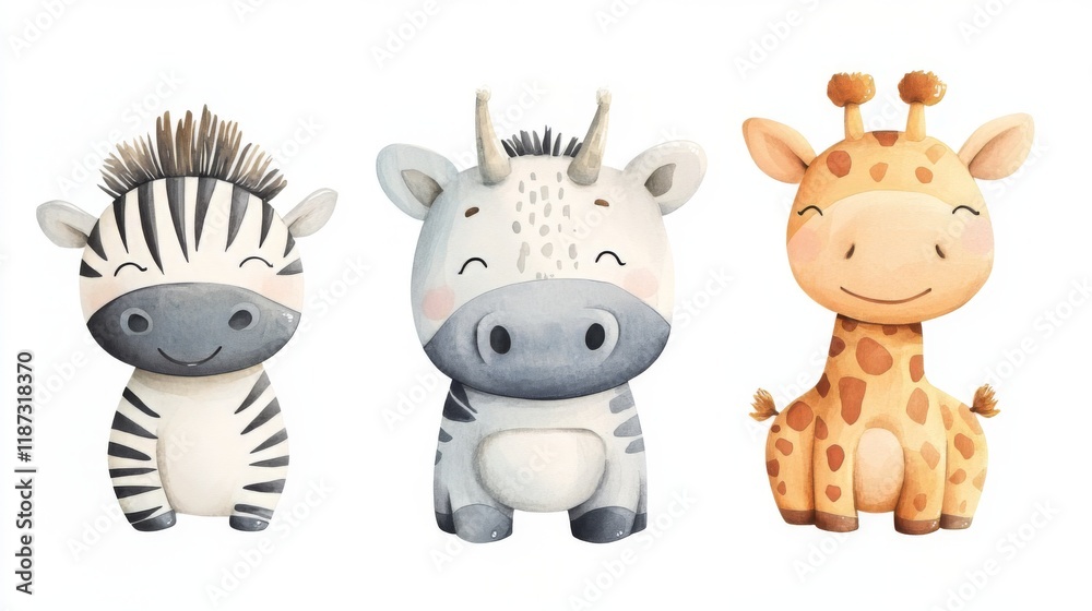 Naklejka premium Adorable African Animals Watercolor Print