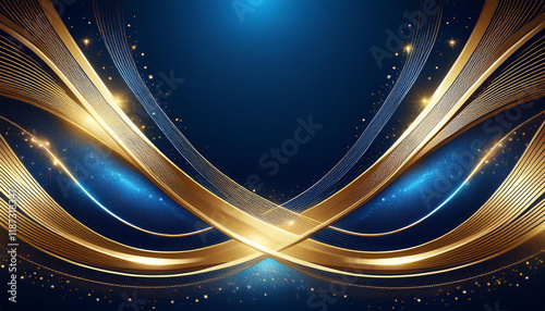 luxury golden line with blue curve shape and glitter light effect decoration on dark blue background