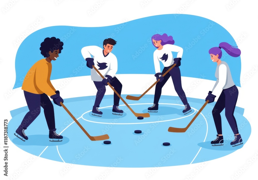 Fototapeta premium Group of four friends playing ice hockey on a rink