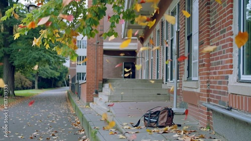Autumn leaves falling near abandoned backpack outside school building