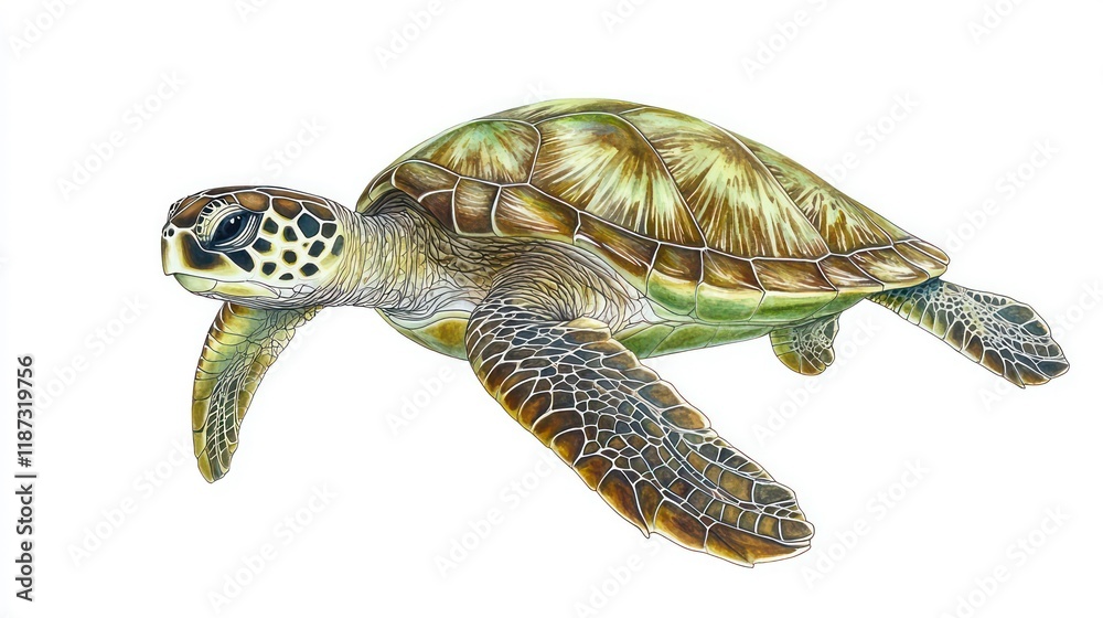 Obraz premium Green sea turtle swimming, isolated on white background. (1)