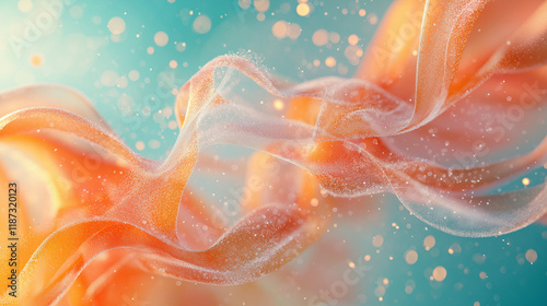 a flowing, translucent orange shape against a light blue background, scattered with sparkling bokeh photo