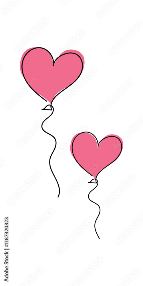 Continuous line drawing of heart and words. Vector illustration. One single line drawing of love concept cute heart shaped for greeting card. Romantic symbol for wedding invitation, Valentine's Day.