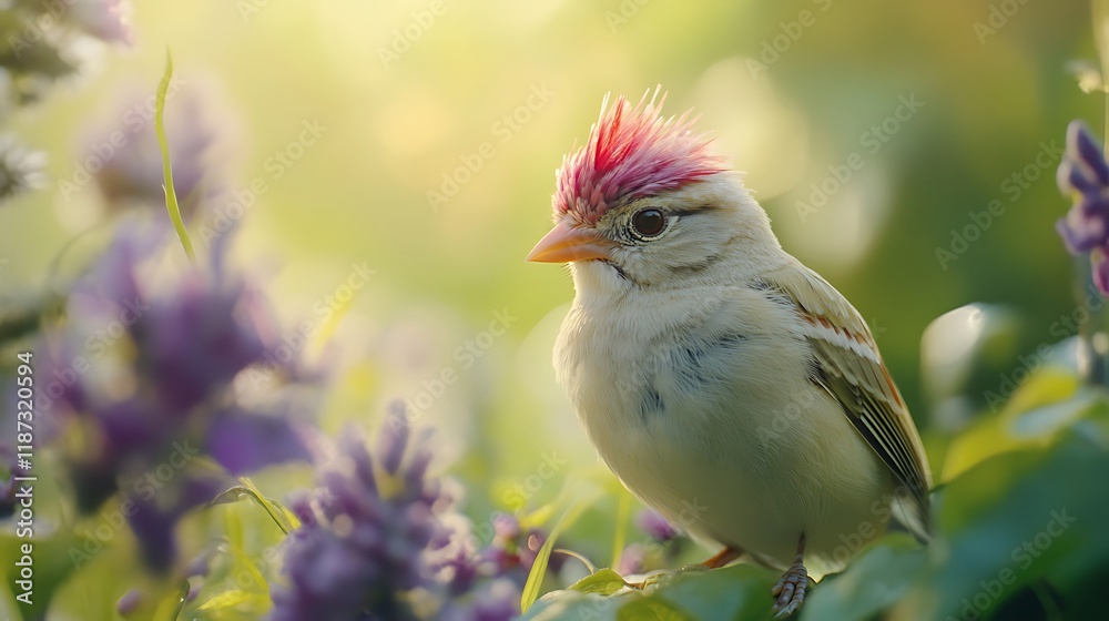 Pink-headed bird perched amidst vibrant garden flowers and leaves image Pink-headed bird perched amidst vibrant garden flowers and leaves image