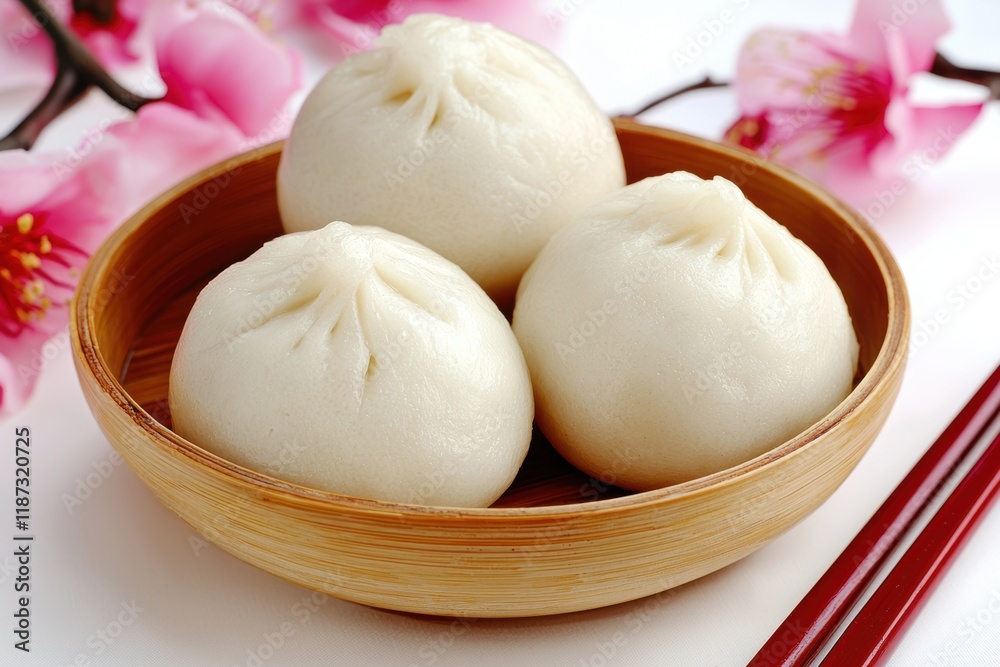 Traditional Chinese Food Dumplings in a bamboo steamer with a pink flower on the side Traditional Chinese Food Dumplings in a bamboo steamer with a pink flower on the side