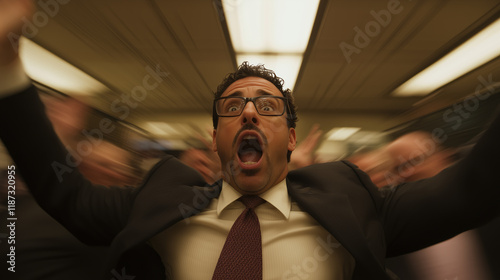 Man in suit panicking on a trading floor with motion blur and chaotic background. Concept of financial crisis, stress, and high-pressure environments for design and print. photo