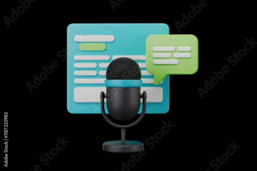 Podcast recording or voice note creation interface with a microphone and text bubbles. photo