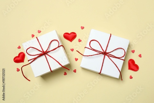Beautiful gift boxes with red hearts on color background