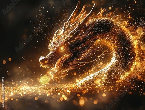Golden dragon chasing coin amidst sparkling dust on dark background.