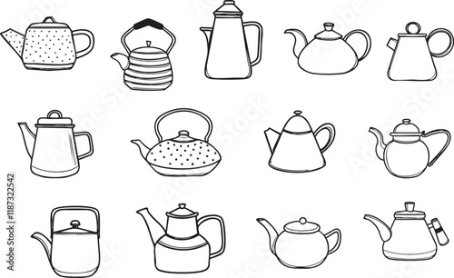Ensemble théière cafetière vecteur traits noirs