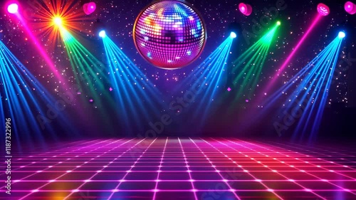 Dance floor with a disco ball in the center. The lights are bright and colorful. The floor is covered in a colorful pattern