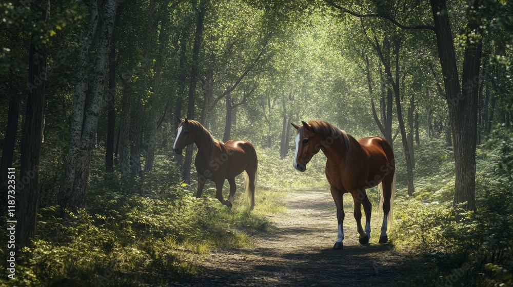 Two horses stroll through a peaceful forest path, dappled sunlight filters through the trees, creating a tranquil atmosphere in the lush landscape Two horses stroll through a peaceful forest path, dappled sunlight filters through the trees, creating a tranquil atmosphere in the lush landscape