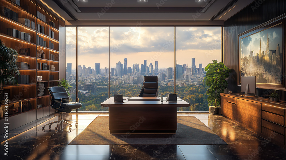 Fototapeta premium a well-lit office with a large window overlooking a city skyline