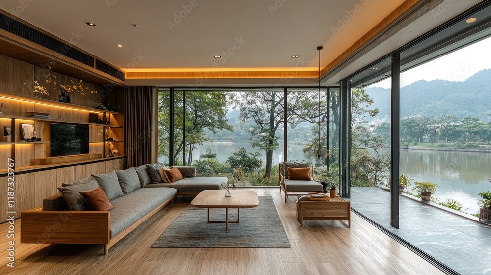 Obraz premium Modern living room with scenic lake view.