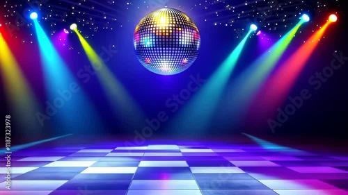 Disco ball is lit up with lights surrounding it. The lights are in different colors and are shining on the ball