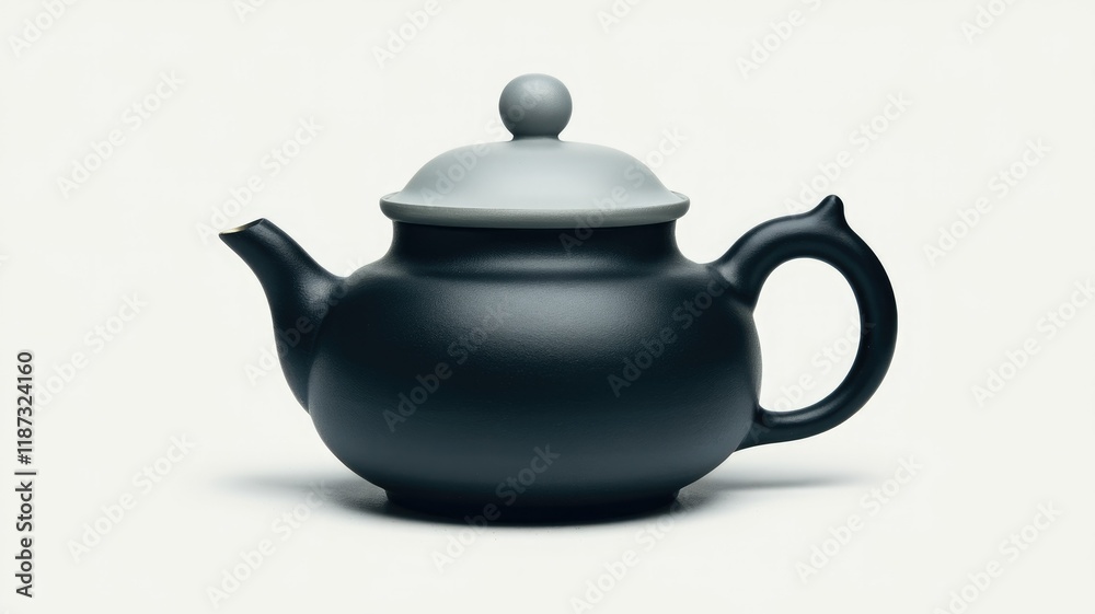 A sleek, dark-grey teapot with a light-grey lid, perfect for a relaxing tea ceremony. A sleek, dark-grey teapot with a light-grey lid, perfect for a relaxing tea ceremony.