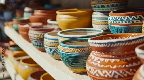 a unique variety of colorful traditional ceramic pottery at an outdoor market, showcasing the artisanal side of cultural expression photo