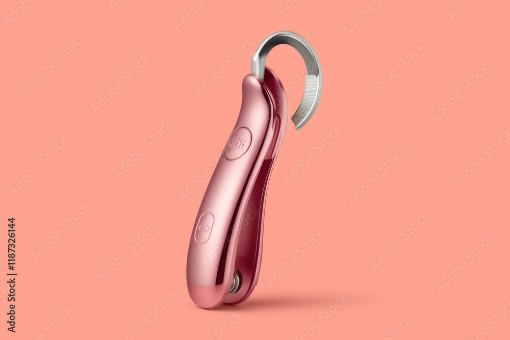 A sleek, rose-gold personal device with a convenient hook, featuring minimalist buttons. A sleek, rose-gold personal device with a convenient hook, featuring minimalist buttons.