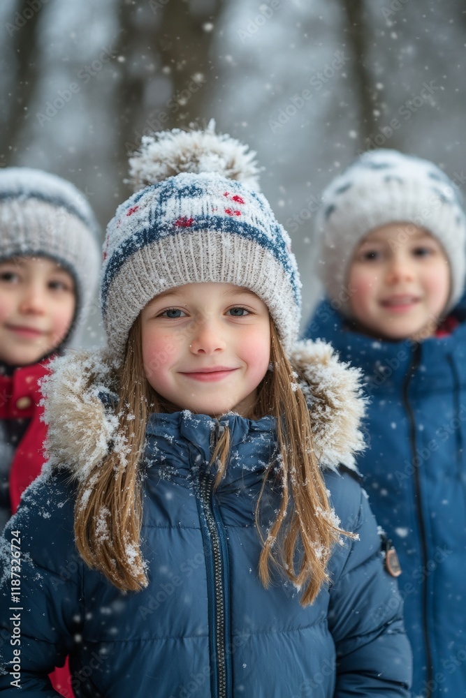 Fototapeta premium Children are enjoying wintertime outdoors, bundled in colorful jackets and knitted hats. Snowflakes gently fall around them as they share smiles and laughter, creating a joyful atmosphere