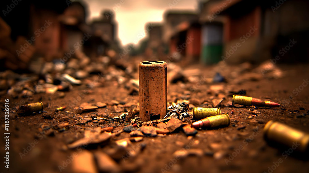 Spent shell casing amidst war debris in a desolate urban setting. Spent shell casing amidst war debris in a desolate urban setting.