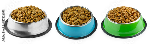 Photography Dry pet food for dogs in feeding bows isolated on white, set