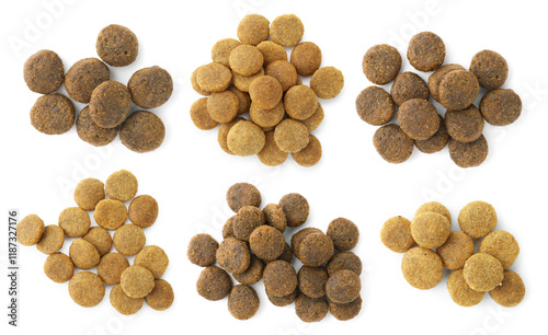 Sticker Dry pet food for dogs isolated on white, top view