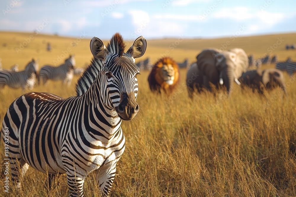 Naklejka premium Zebras, lions, and elephants coexist in the vast savannah landscape