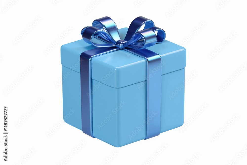 Obraz premium A light blue gift box with a shiny blue ribbon, isolated on white background.