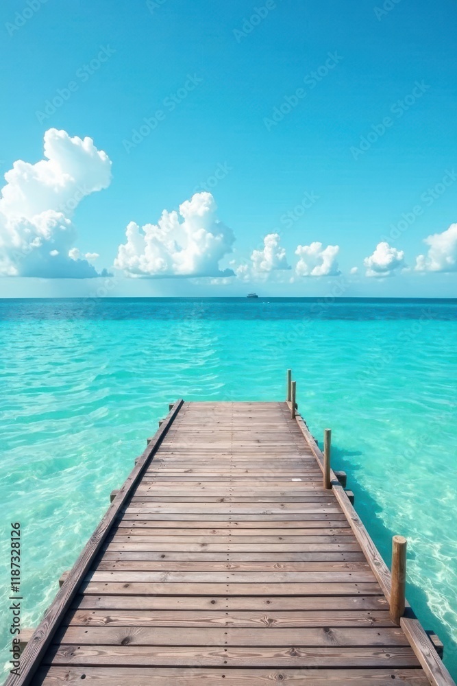 Rustic wooden dock extends into calm blue sea, bright sky backdrop , vacation, light Rustic wooden dock extends into calm blue sea, bright sky backdrop , vacation, light