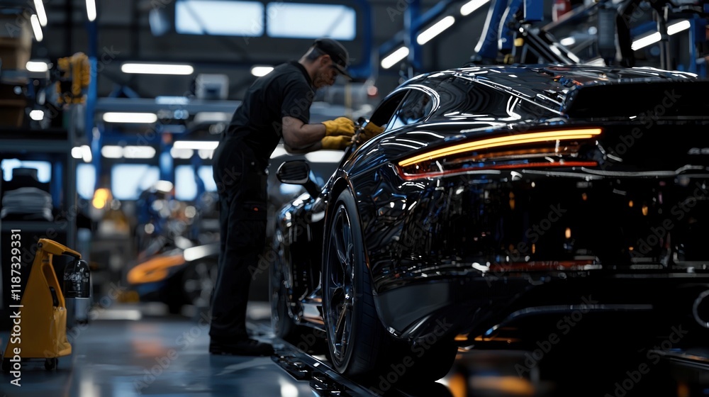 Obraz premium A man is working on a car in a factory