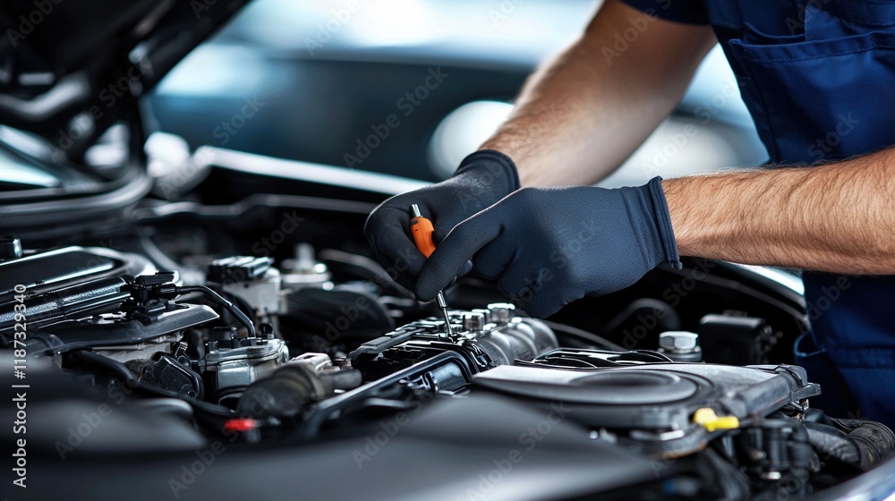 A mechanic is working on a car engine A mechanic is working on a car engine