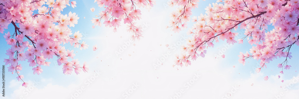 Cherry blossom branches with pink flowers against a blue sky
