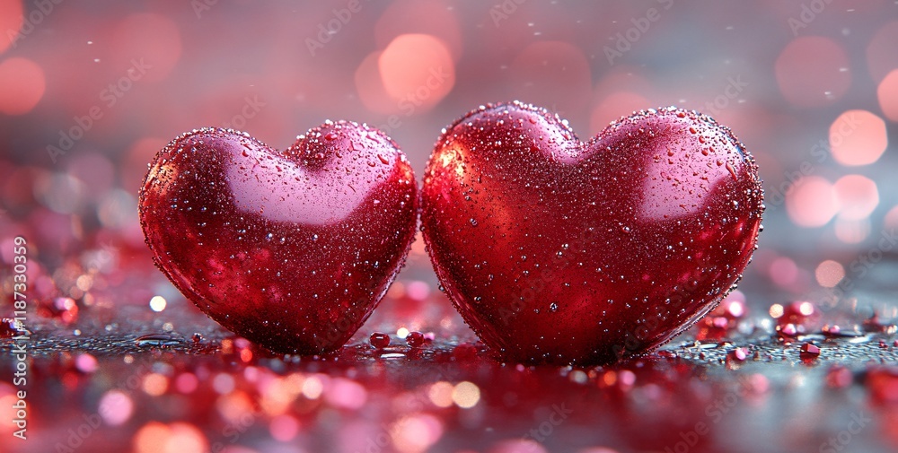 Two red hearts on a pink background with glitter Two red hearts on a pink background with glitter