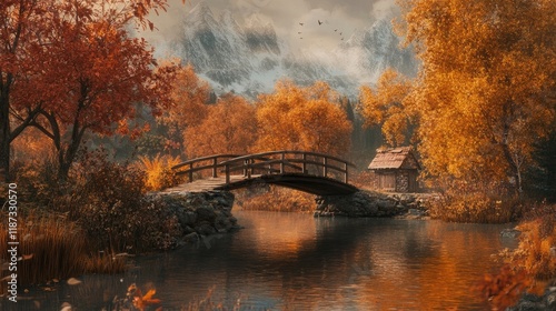 Autumn colors and rustic bridge photo