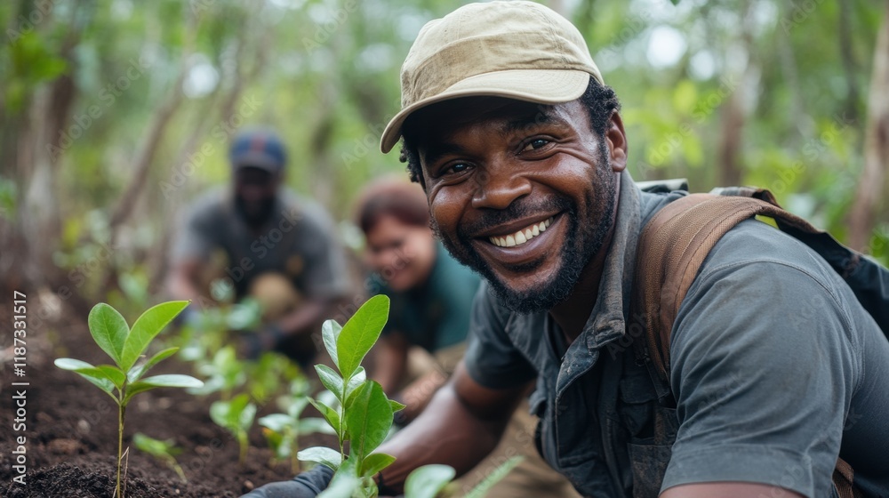 Smiling Man Planting Seedlings in Lush Green Forest Environment Smiling Man Planting Seedlings in Lush Green Forest Environment