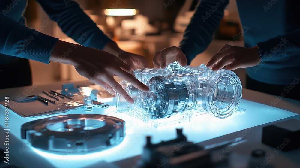 Obraz premium Engineers and Developers Collaborate Around an Illuminated Model